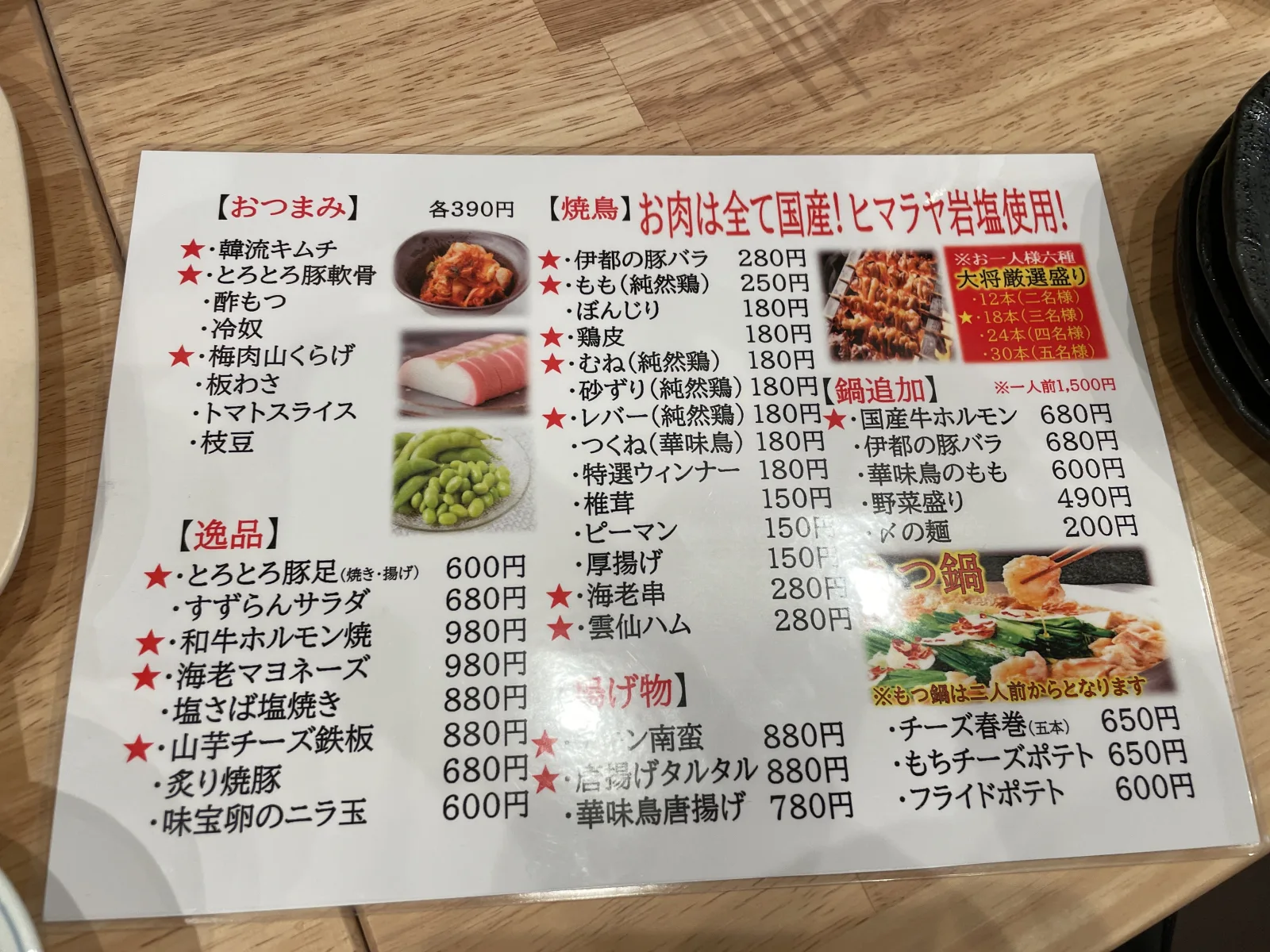 焼鳥麺や　すずらん　箱崎店の料金看板写真
